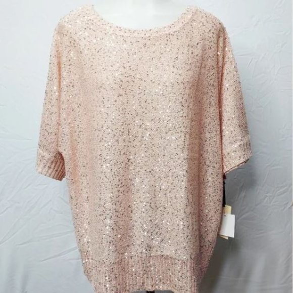 NWT Emaline Pink Pullover Sequin Short‎ Sleeve Sweater Blouse Size XL - Picture 4 of 16
